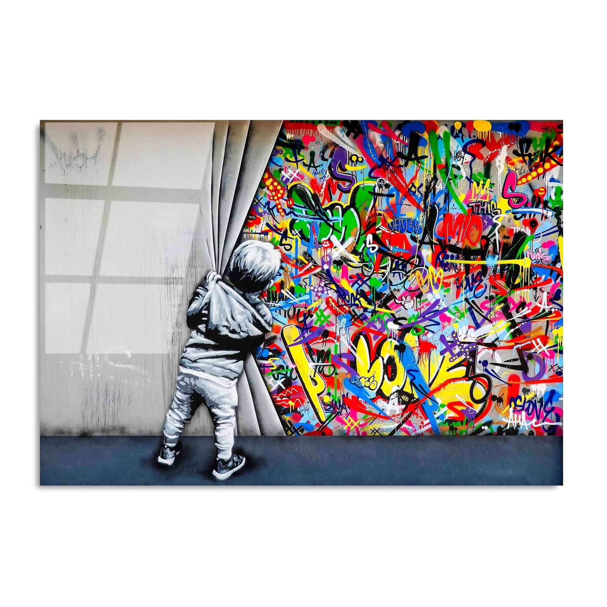 Colorful graffiti art of a cool kid pulling back a curtain on UV glass wall decor.