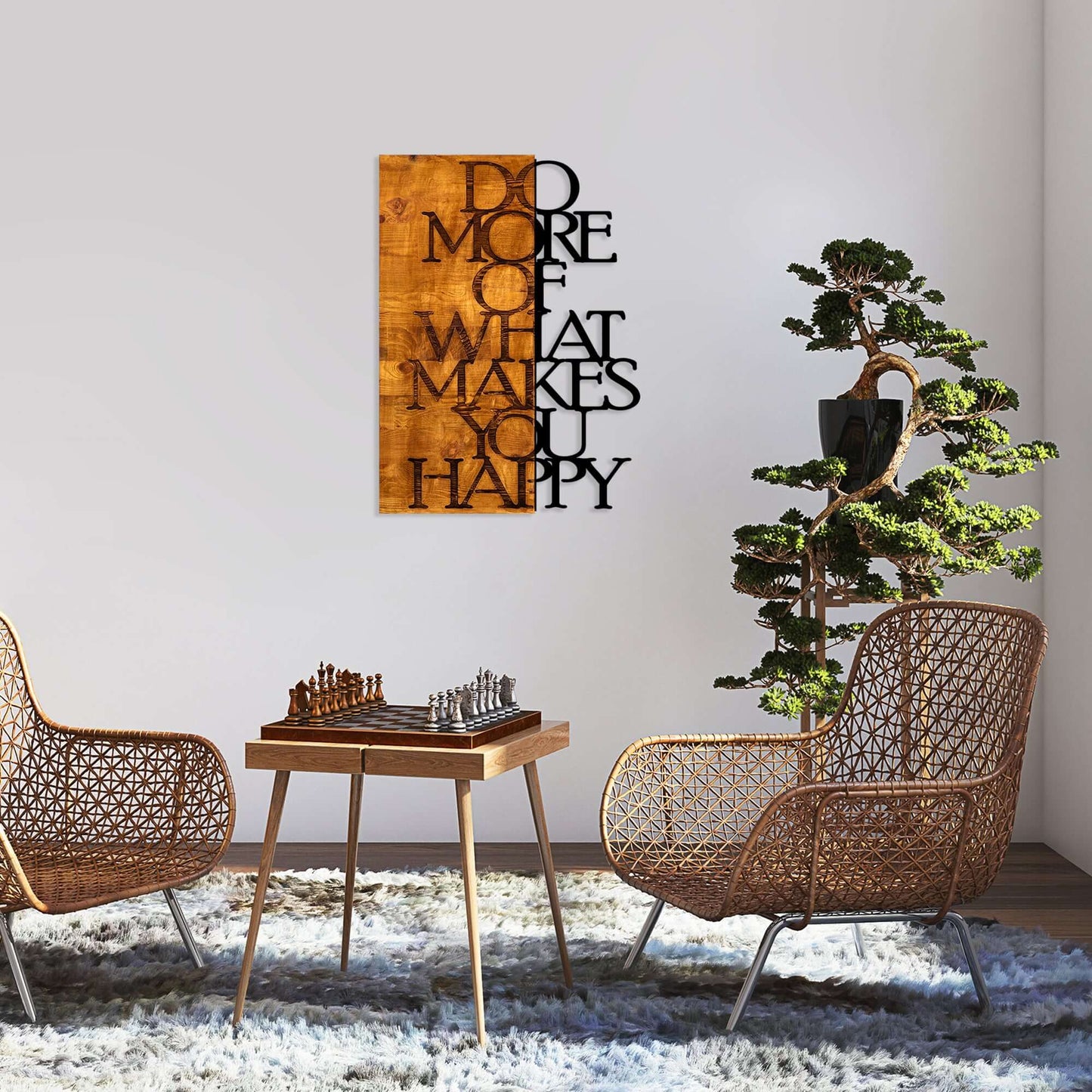 Happy Vibes Wall Art with motivational quote "Do more of what makes you happy" on warm wood background.