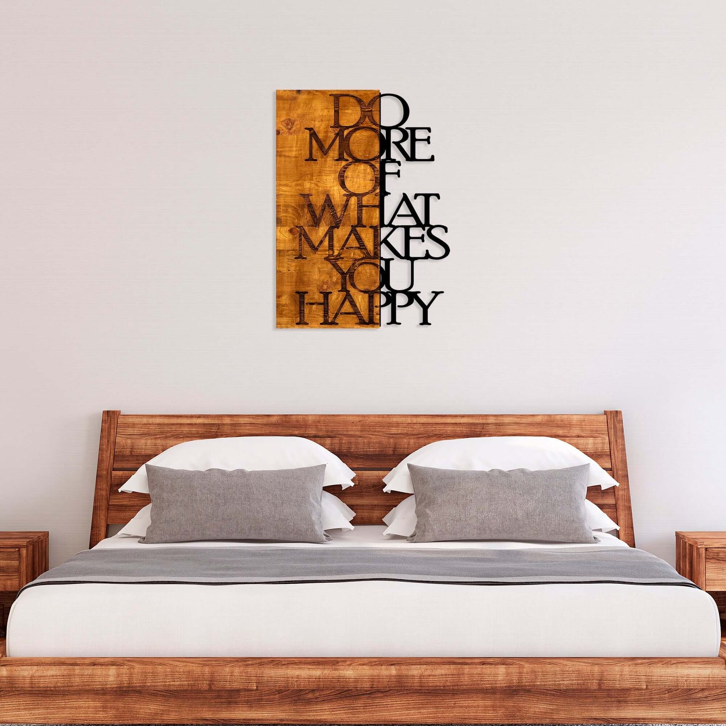 Happy Vibes Wall Art with "Do more of what makes you happy" quote on warm wood background.