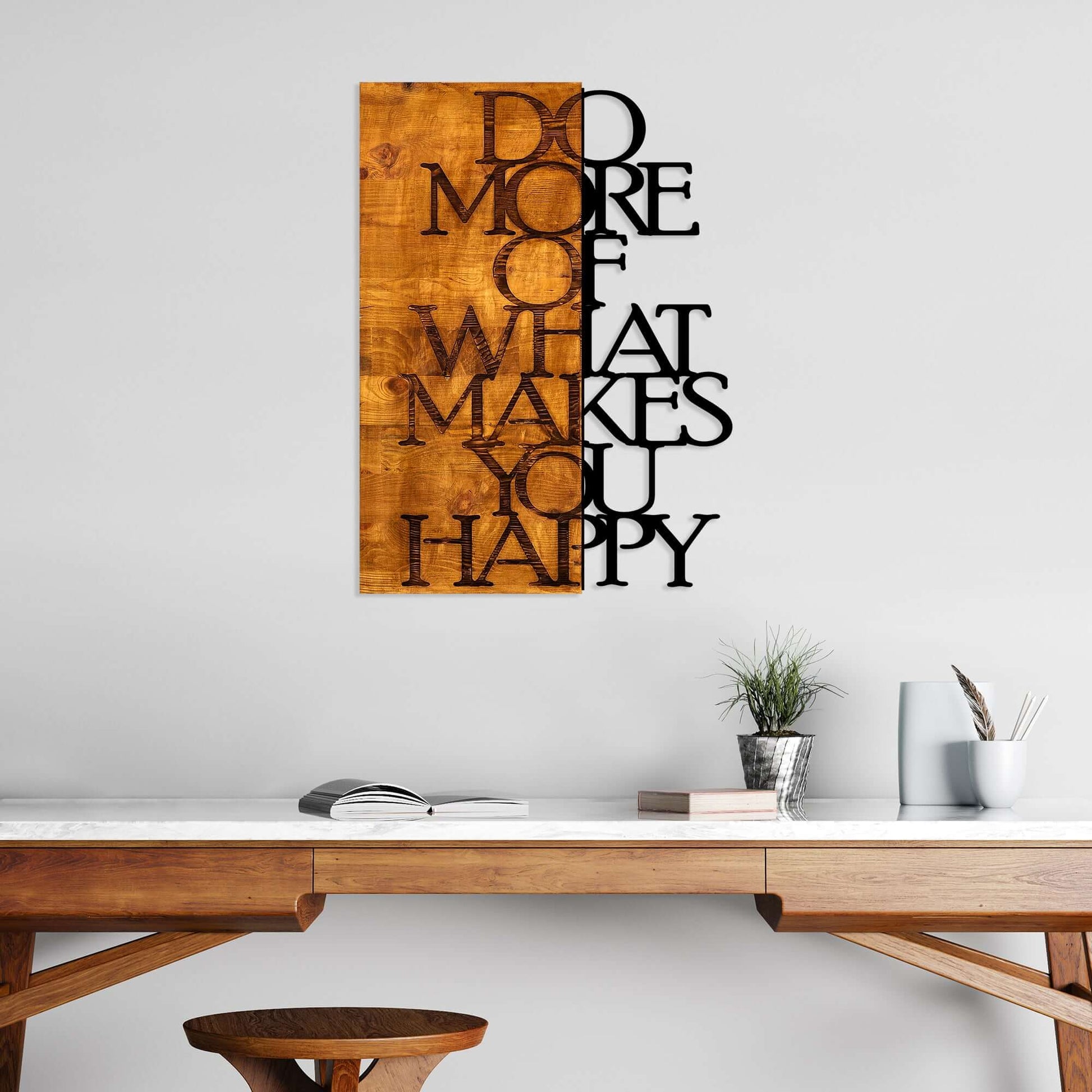 Happy Vibes Wall Art with motivational quote "Do more of what makes you happy" on warm wood background.