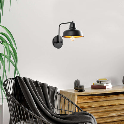 Industrial Charm Wall Light in black metal finish with gold interior, perfect for hallways, kitchens, or living spaces.