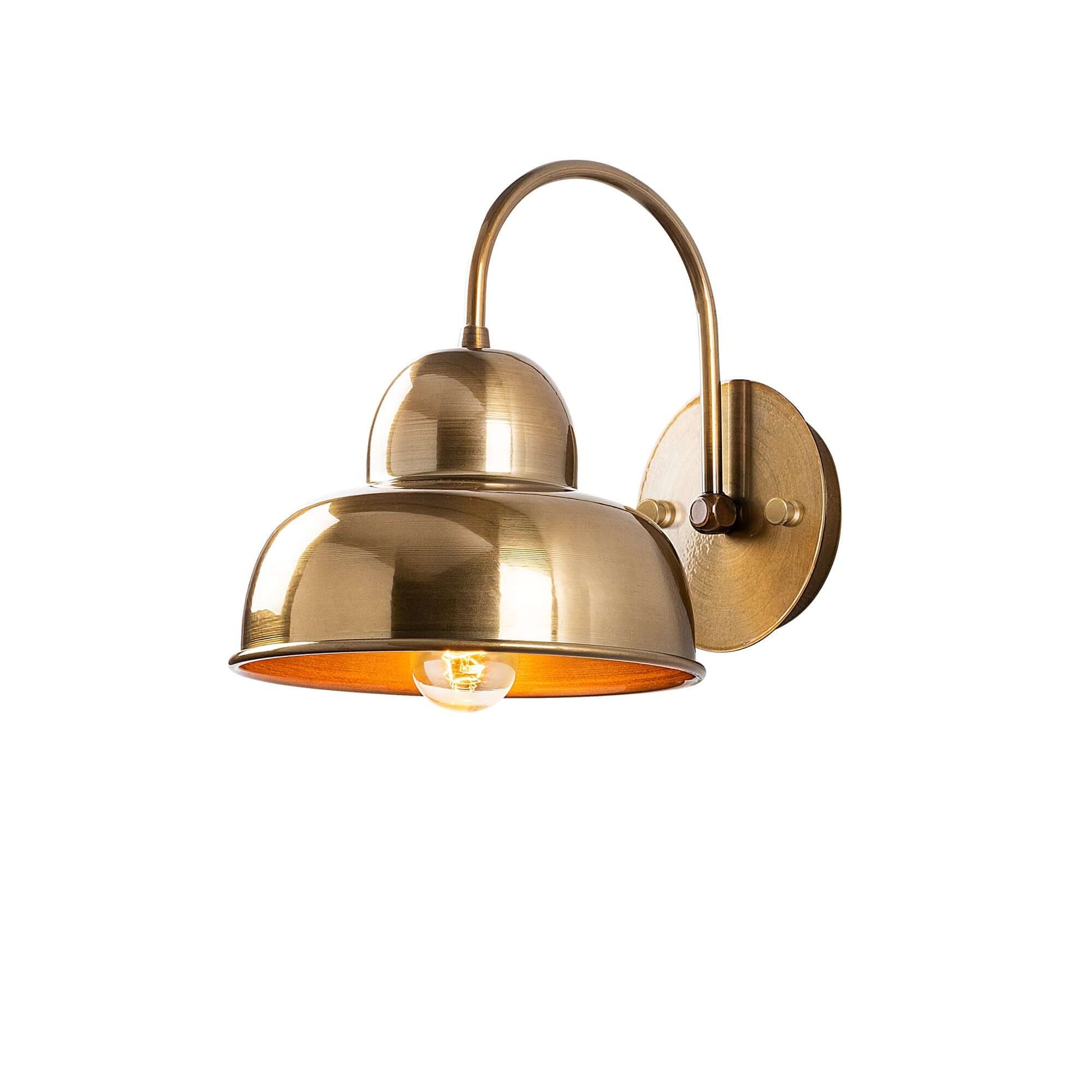 Industrial Charm Wall Light Gold with curved arm and dome-shaped shade in warm golden finish, vintage-inspired design.