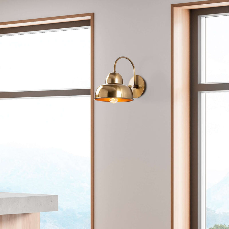 Industrial Charm Wall Light Gold with curved arm and dome-shaped shade in warm golden finish.