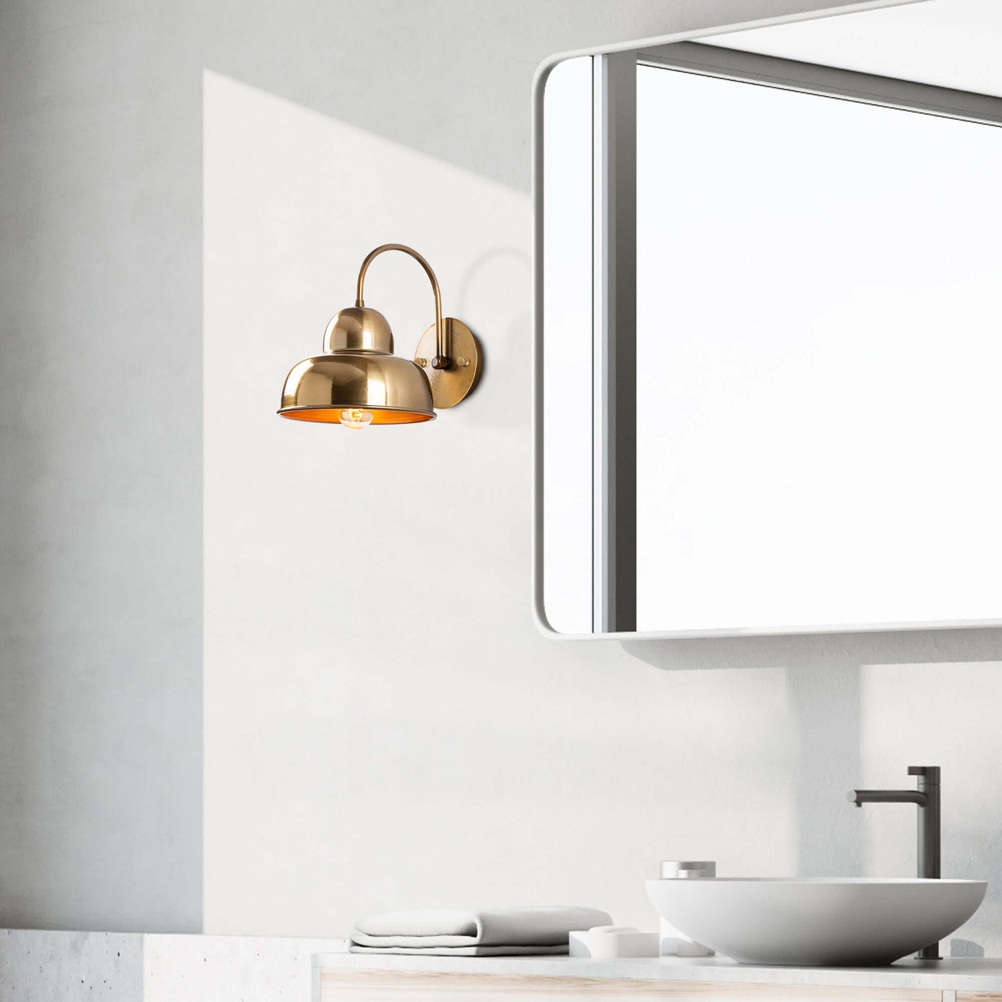 Industrial Charm Wall Light Gold with curved arm and dome-shaped shade in warm golden finish.