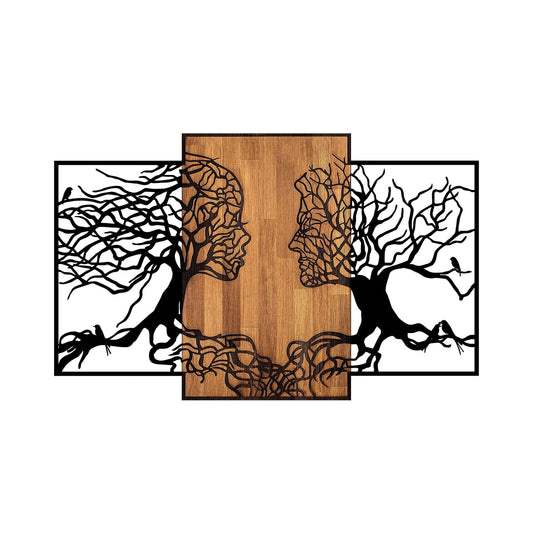 Lovers' Grove metal wall art featuring trees merging into faces, elegant metal and warm wood materials.