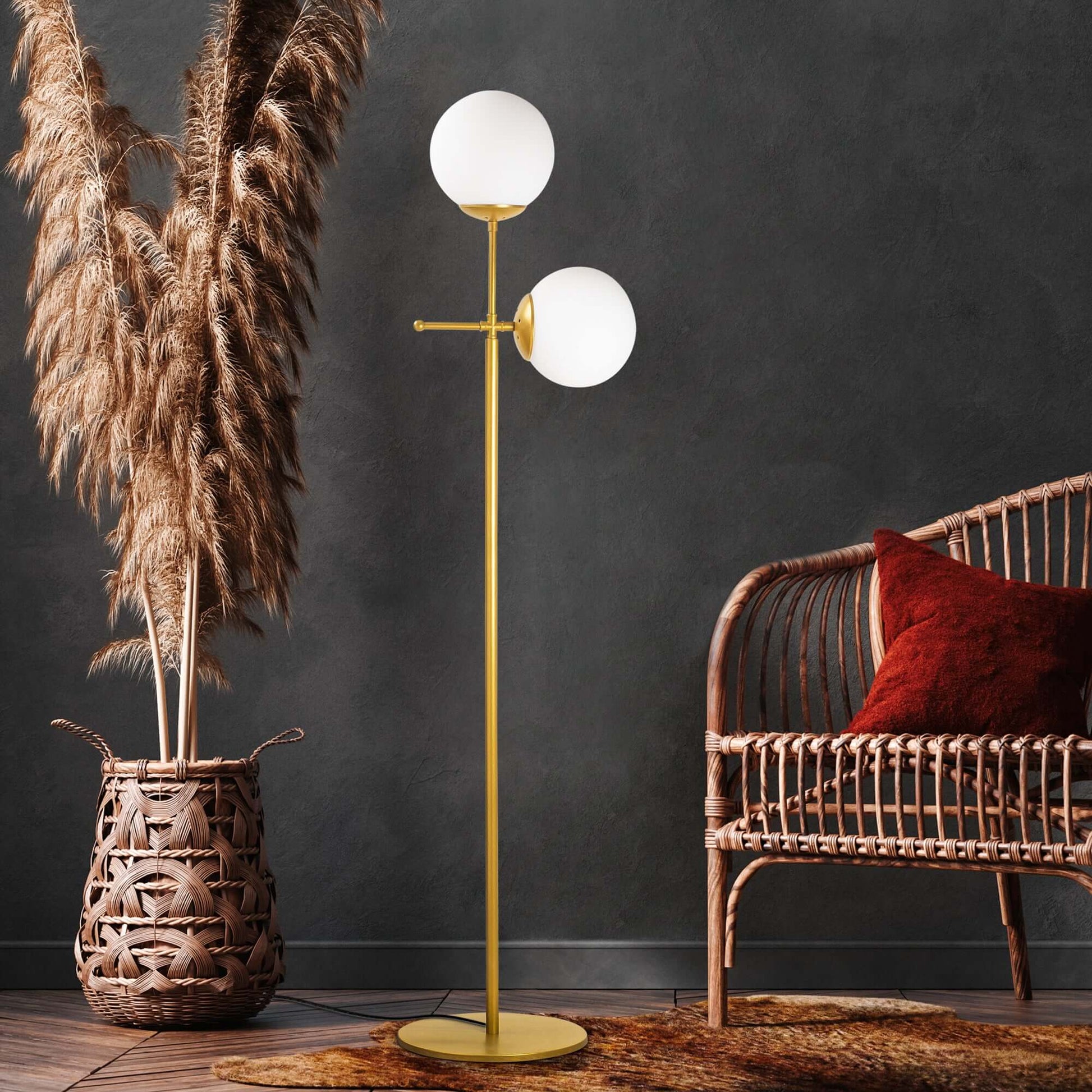 Luminous Duo Floor Lamp with Brass Finish and Dual-Globe Design