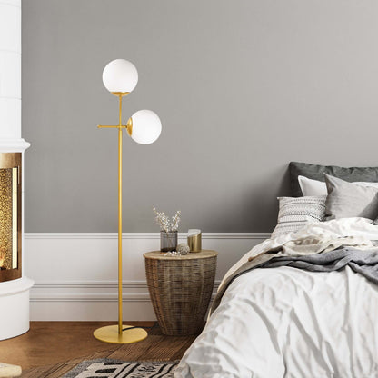 Luminous Duo Floor Lamp in elegant brass finish with dual-globe design.