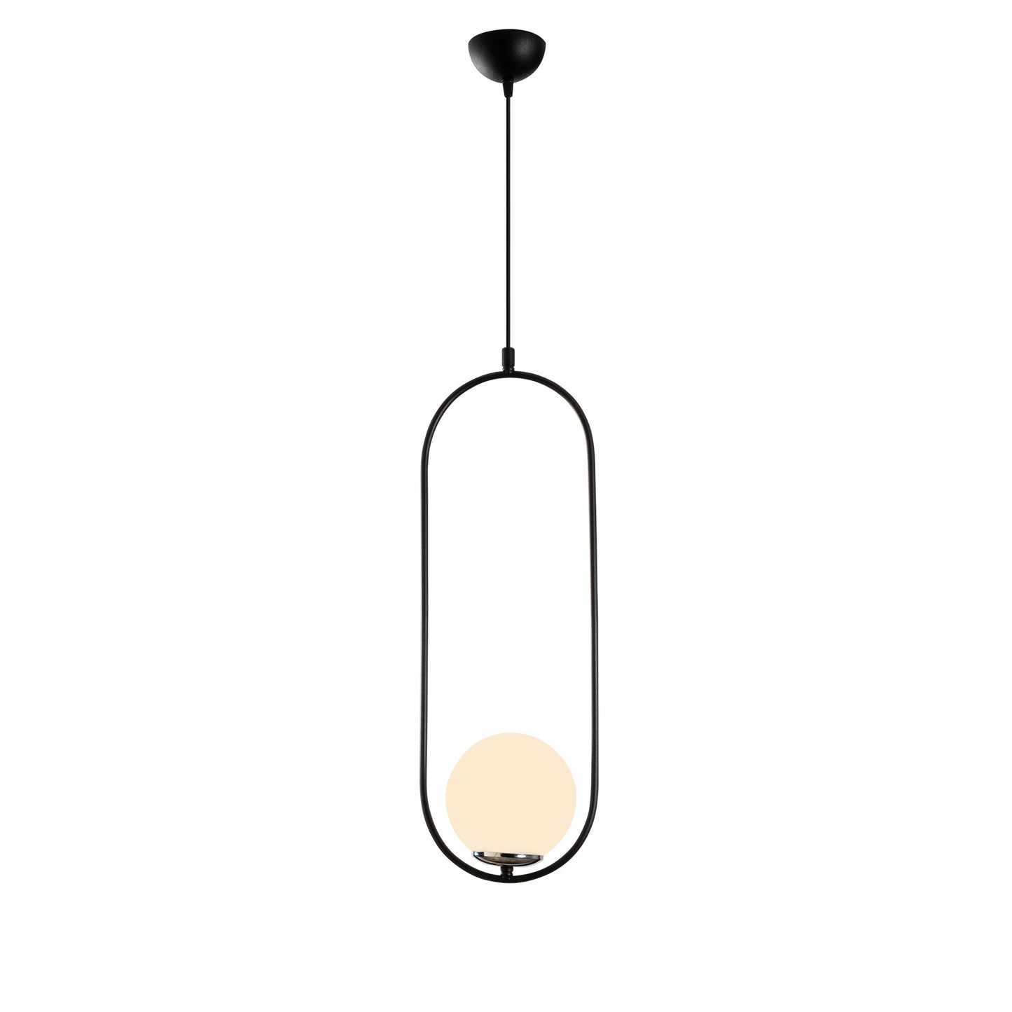 Modern minimalist pendant light fixture with unique open frame design and glowing orb.