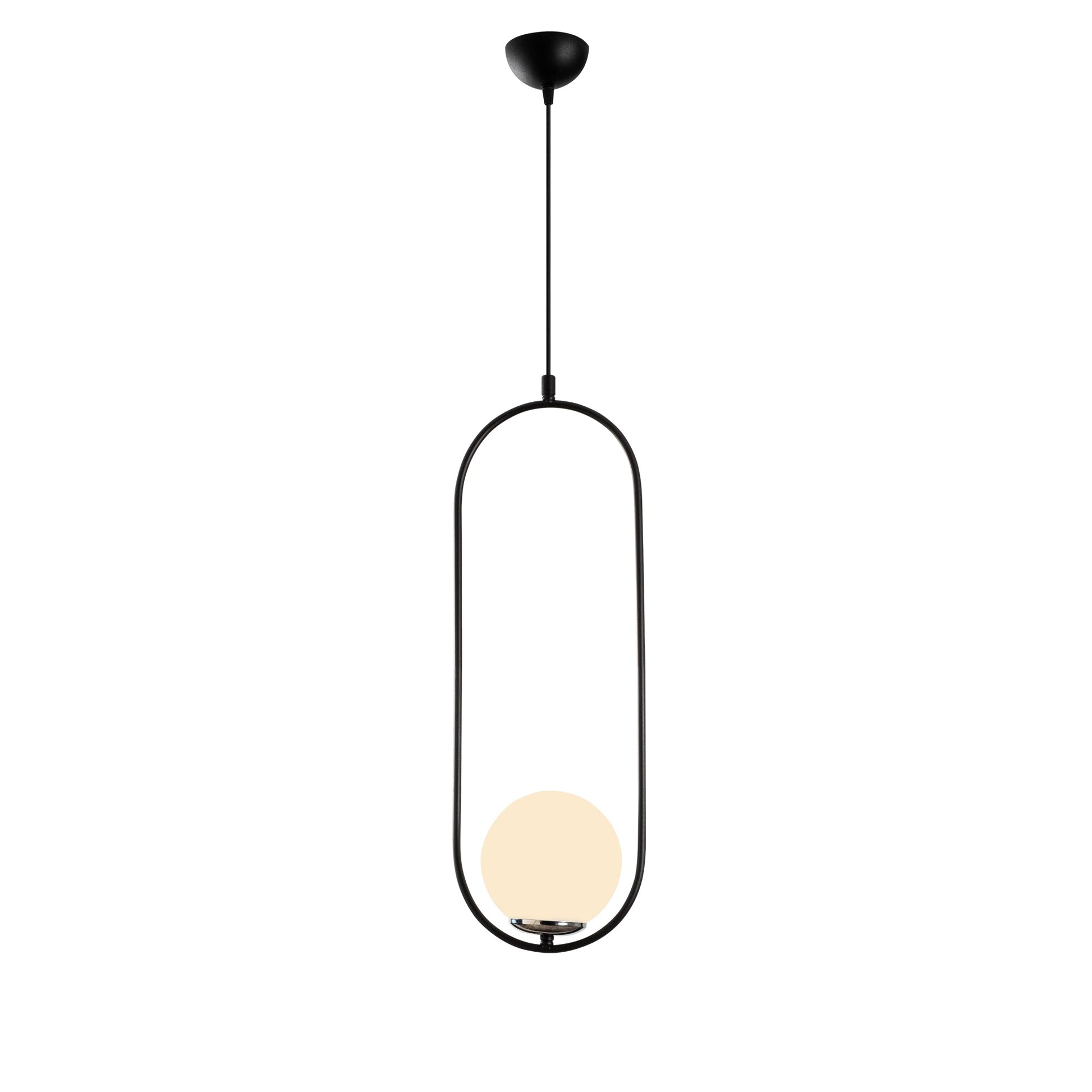 Modern minimalist pendant light fixture with unique open frame design and glowing orb.