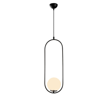 Modern minimalist pendant light fixture with unique open frame design and glowing orb.