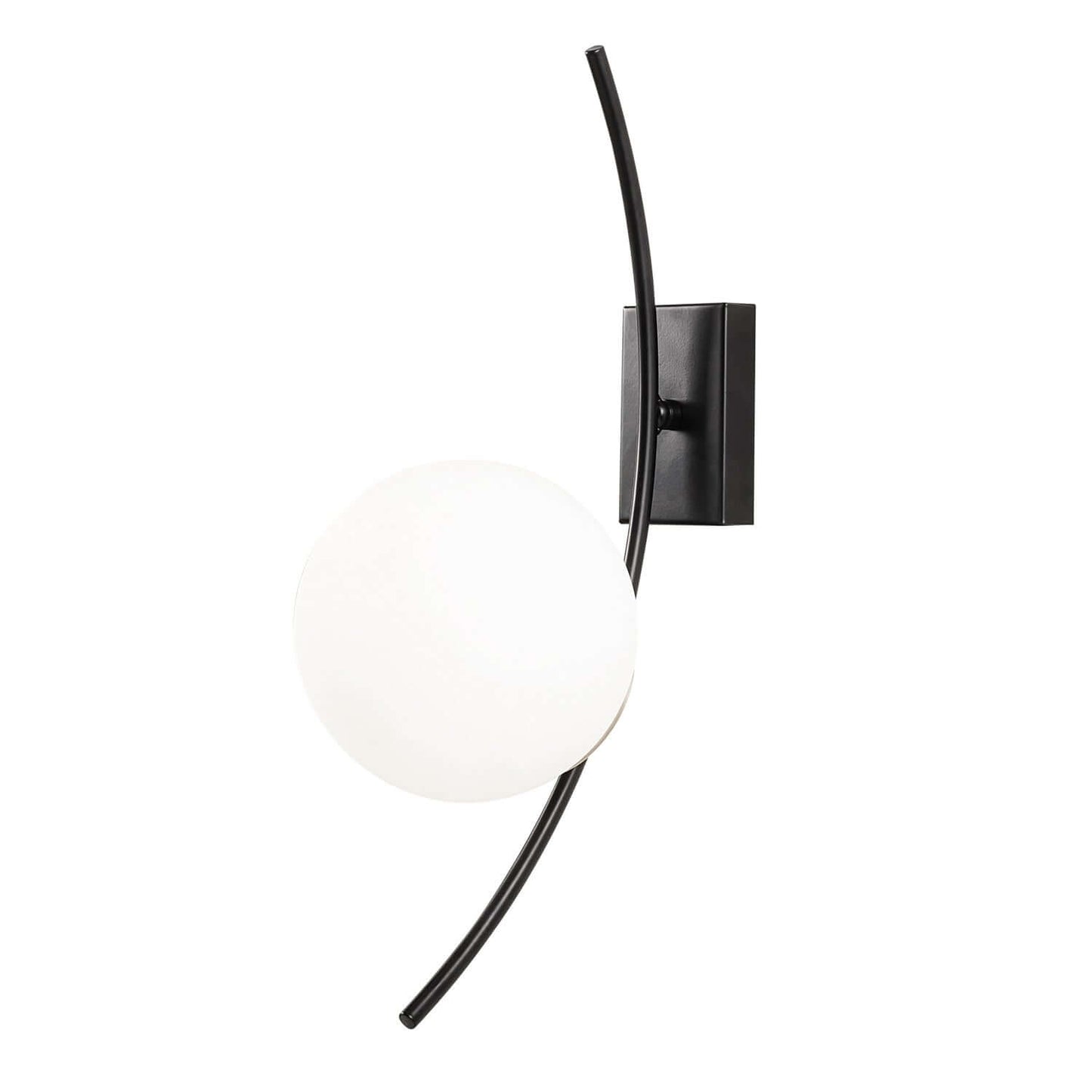 Lunar Arc Wall Light with black curved frame and frosted globe emitting soft ambient glow.