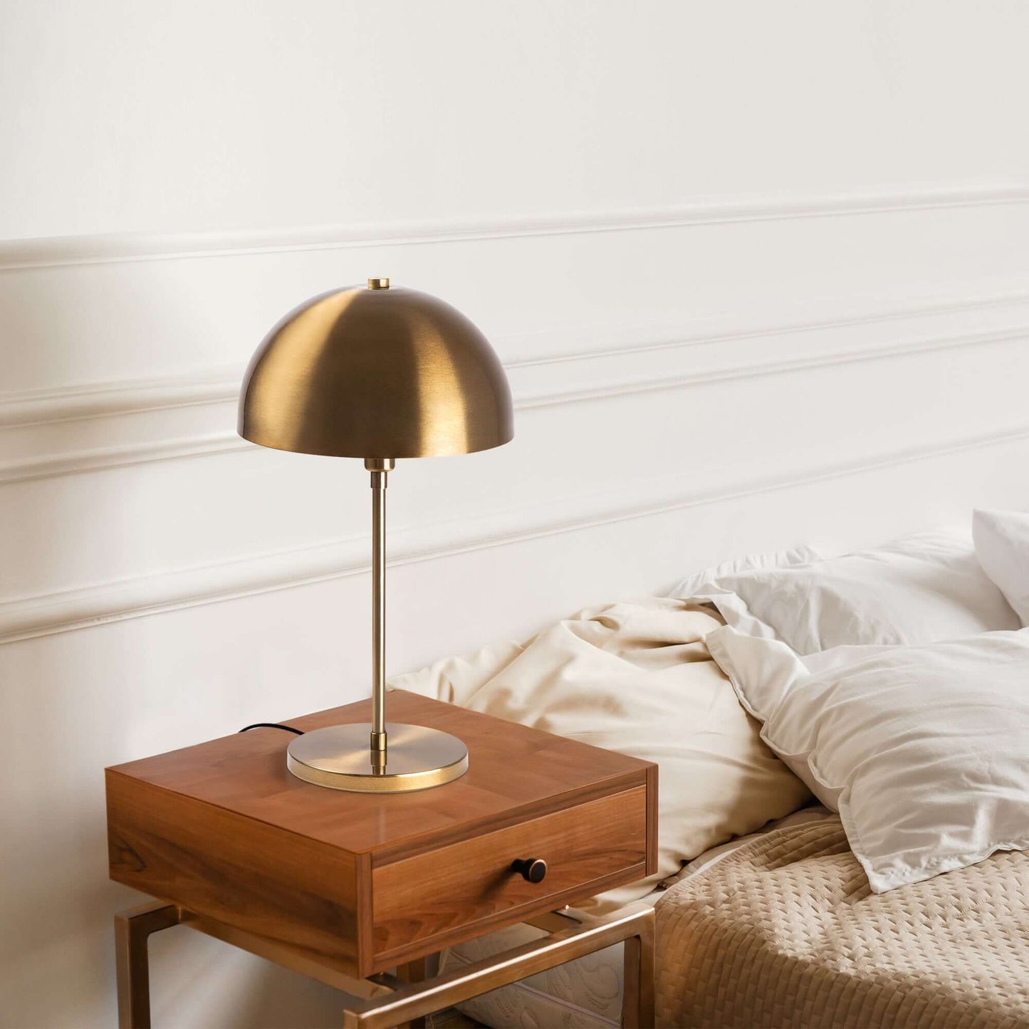 Luxe Arc Desk Lamp in brushed brass finish with dome shade.