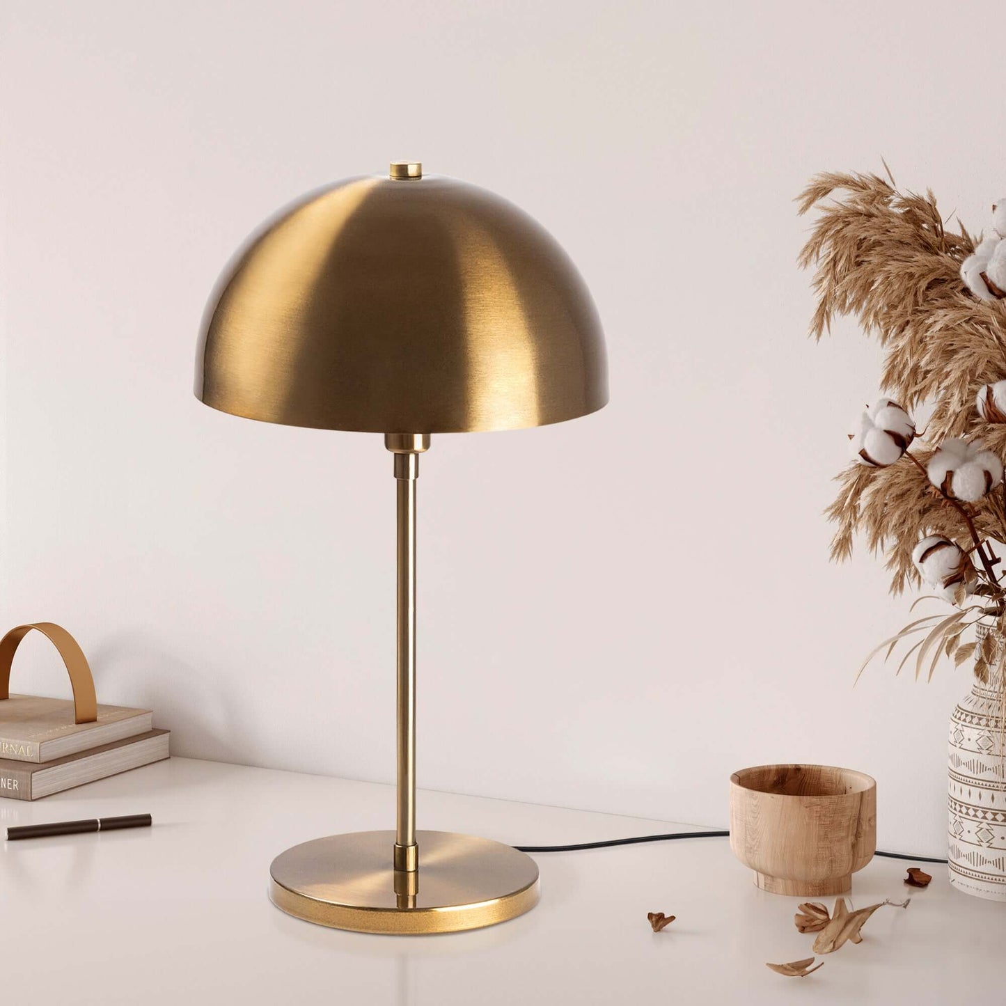 Luxe Arc Desk Lamp with Brushed Brass Finish and Dome Shade