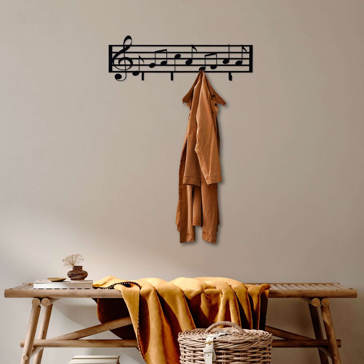 Melodic Hanger Harmony black metal wall decor with musical notes design and hooks