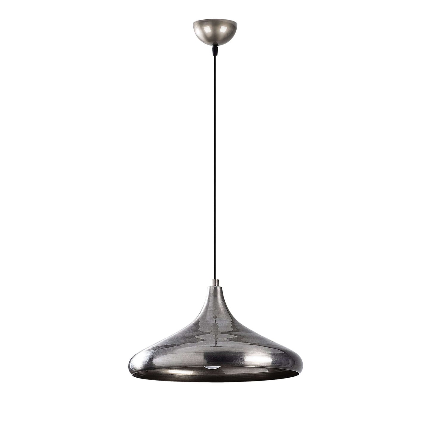 Metallic Drop Pendant in polished chrome finish casting a sophisticated glow.