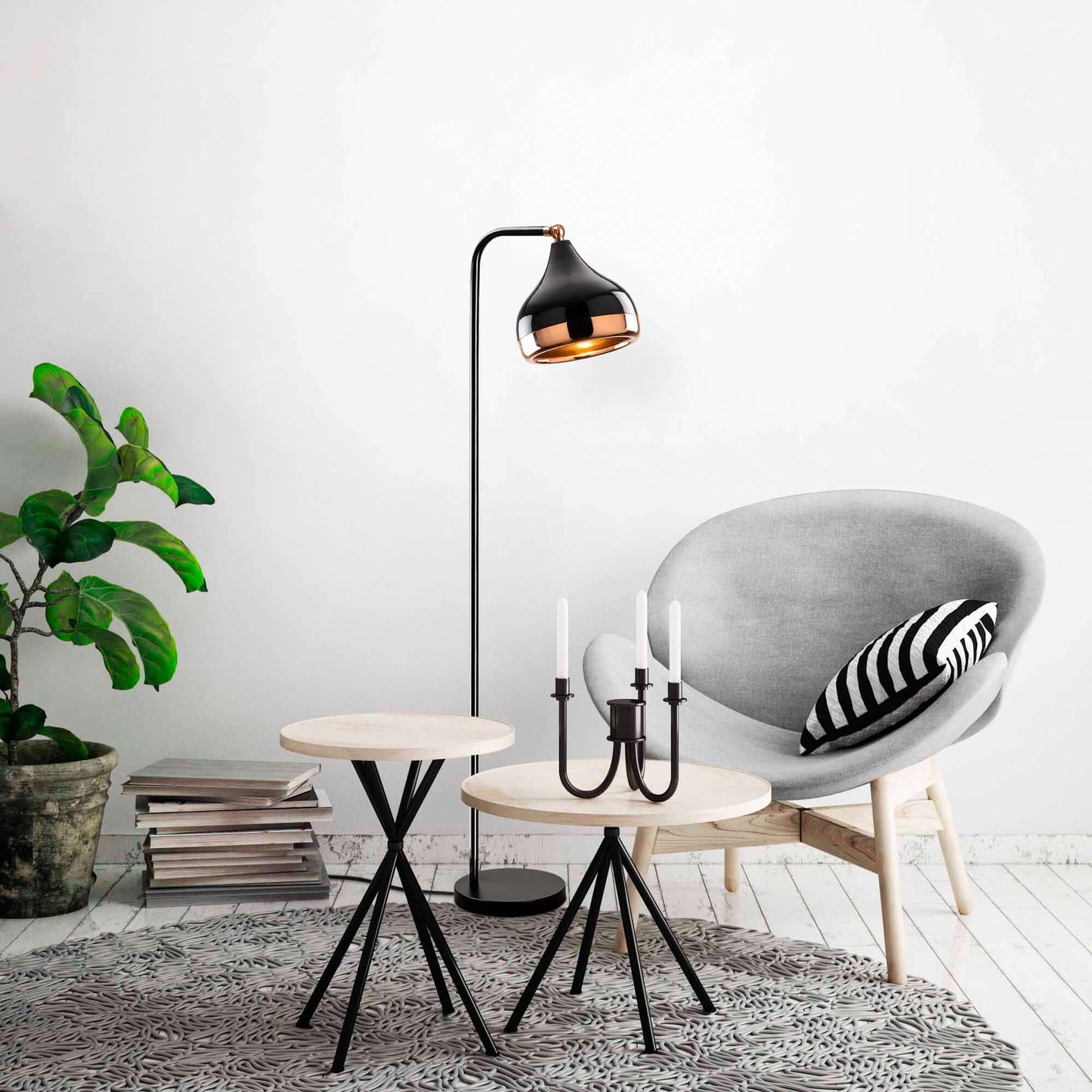 Midnight Gloss Floor Lamp in black and copper design emitting a sophisticated glow.