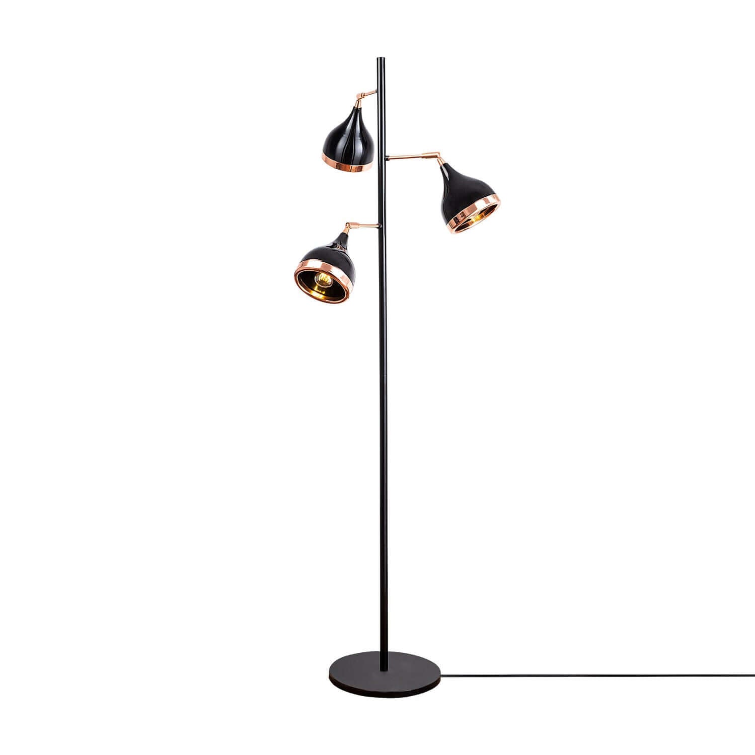 Midnight Gloss Floor Trinity with black and copper hues for versatile lighting.