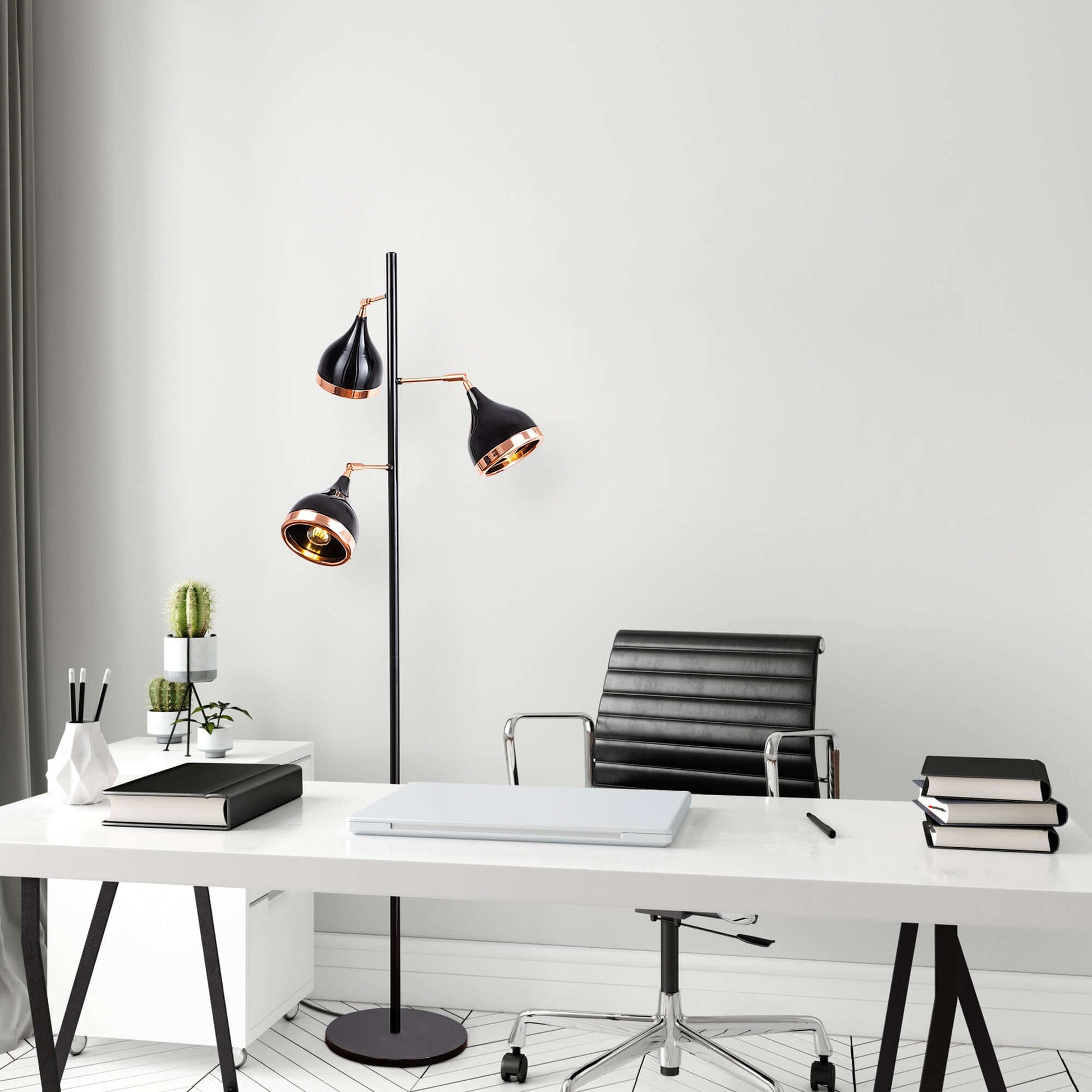 Midnight Gloss Floor Trinity with triple-shade black and copper hues for versatile lighting.