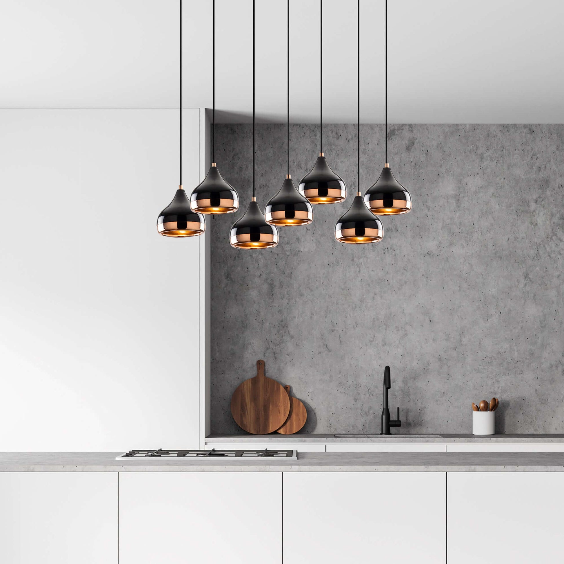 Midnight Gloss Pendant Horizon Cascade Chandelier with Black and Copper Shades