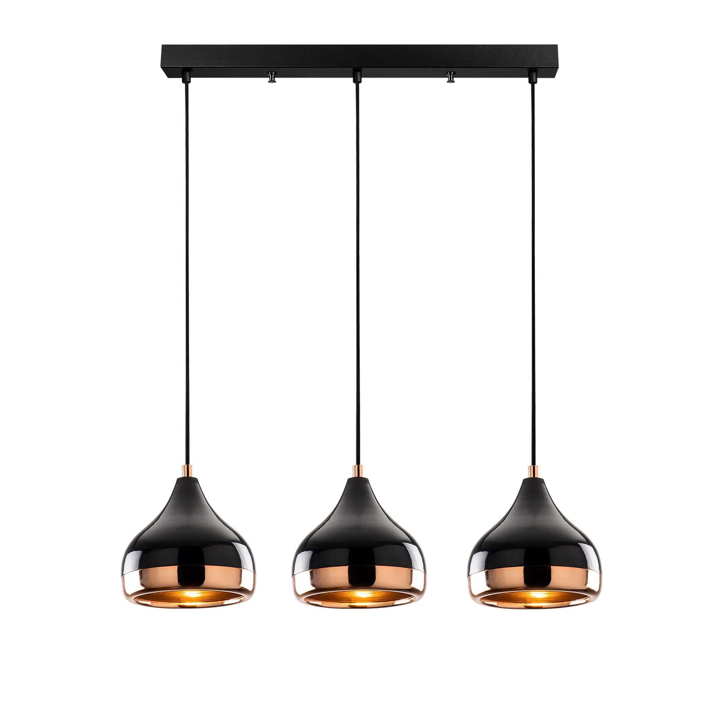 Midnight Gloss Pendant Horizon Trio with three elegant black and copper shades.