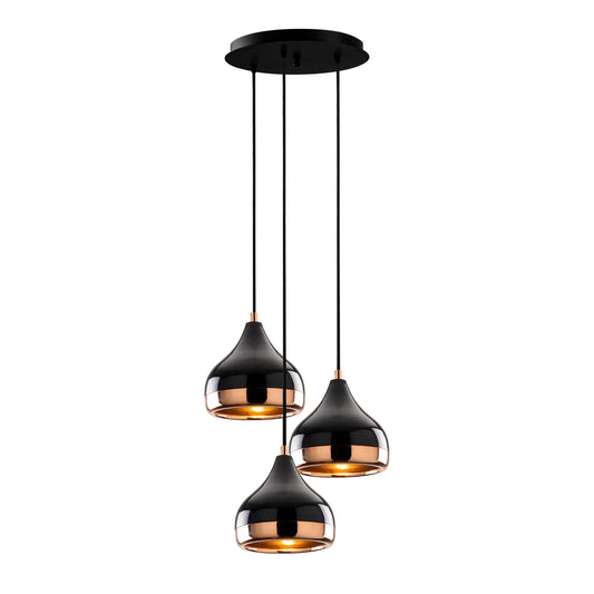 Midnight Gloss Black and Copper Pendant Trio Chandelier