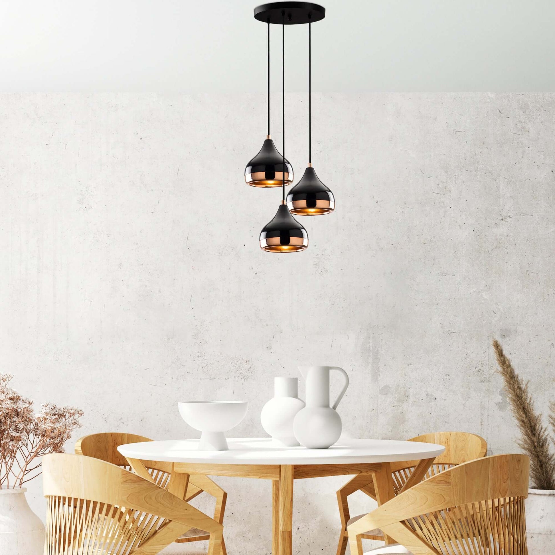 Midnight Gloss Pendant Trio Chandelier in black and copper finish