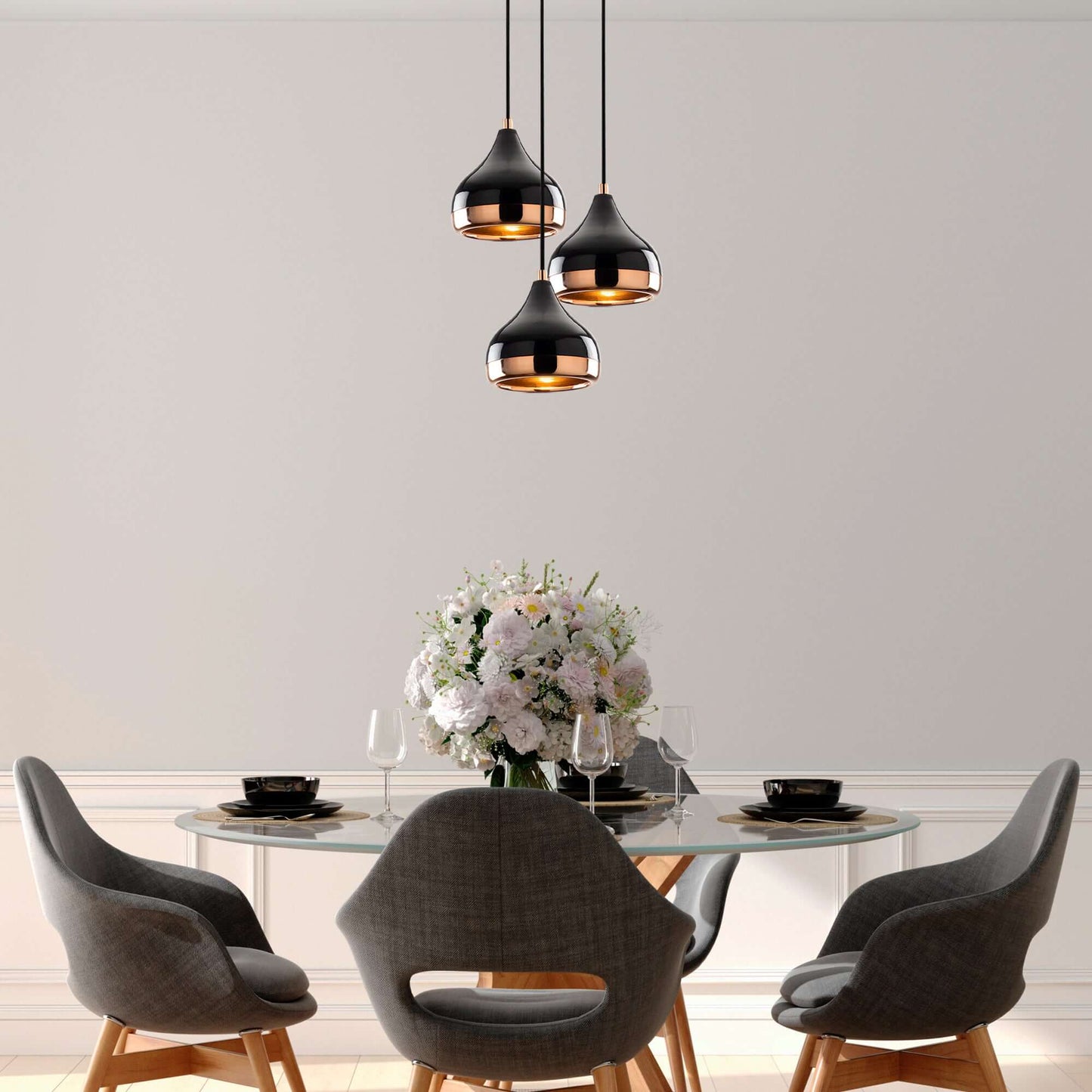 Midnight Gloss Pendant Trio Chandelier in black and copper finish