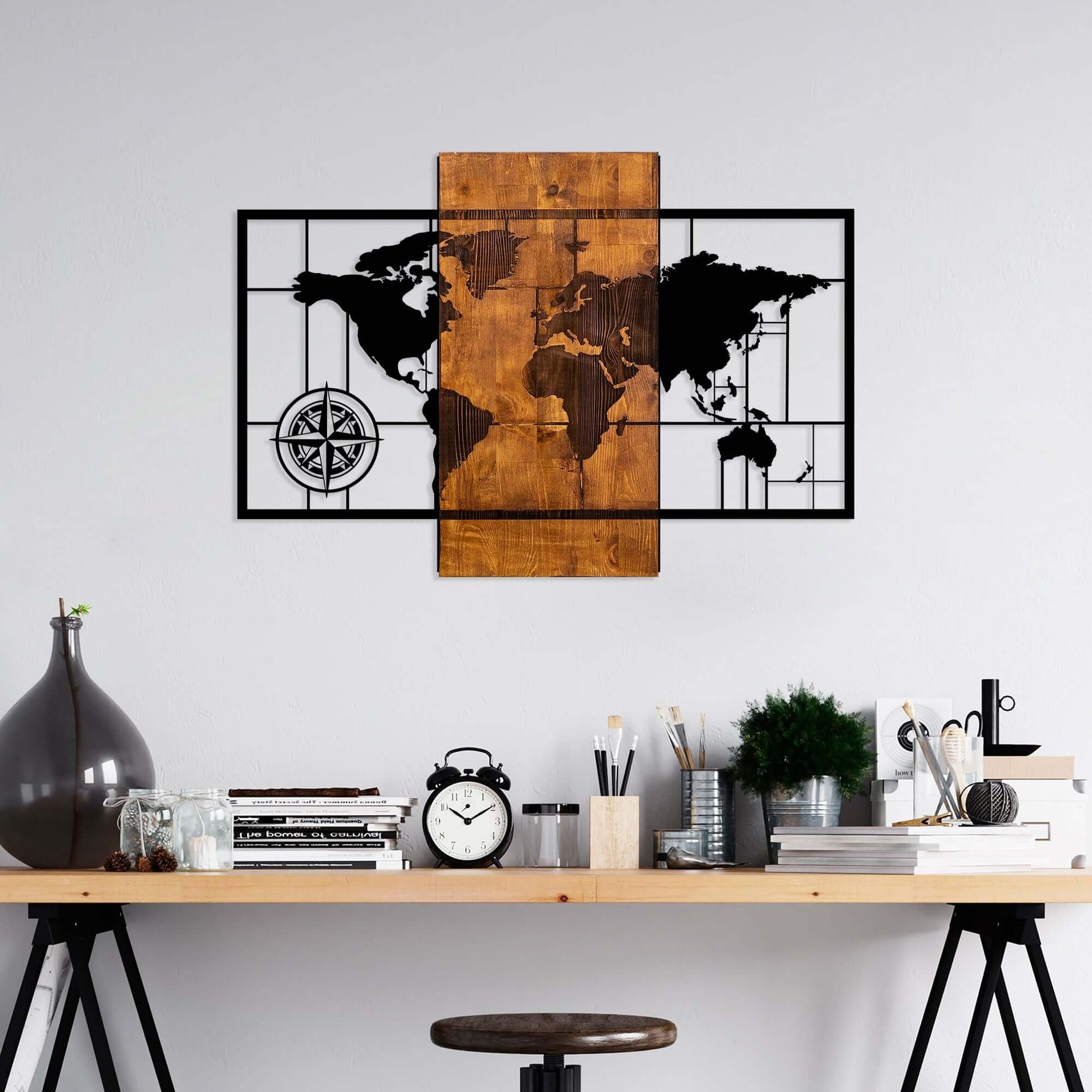 Modern Explorer World Map with sleek design and warm wood accents.