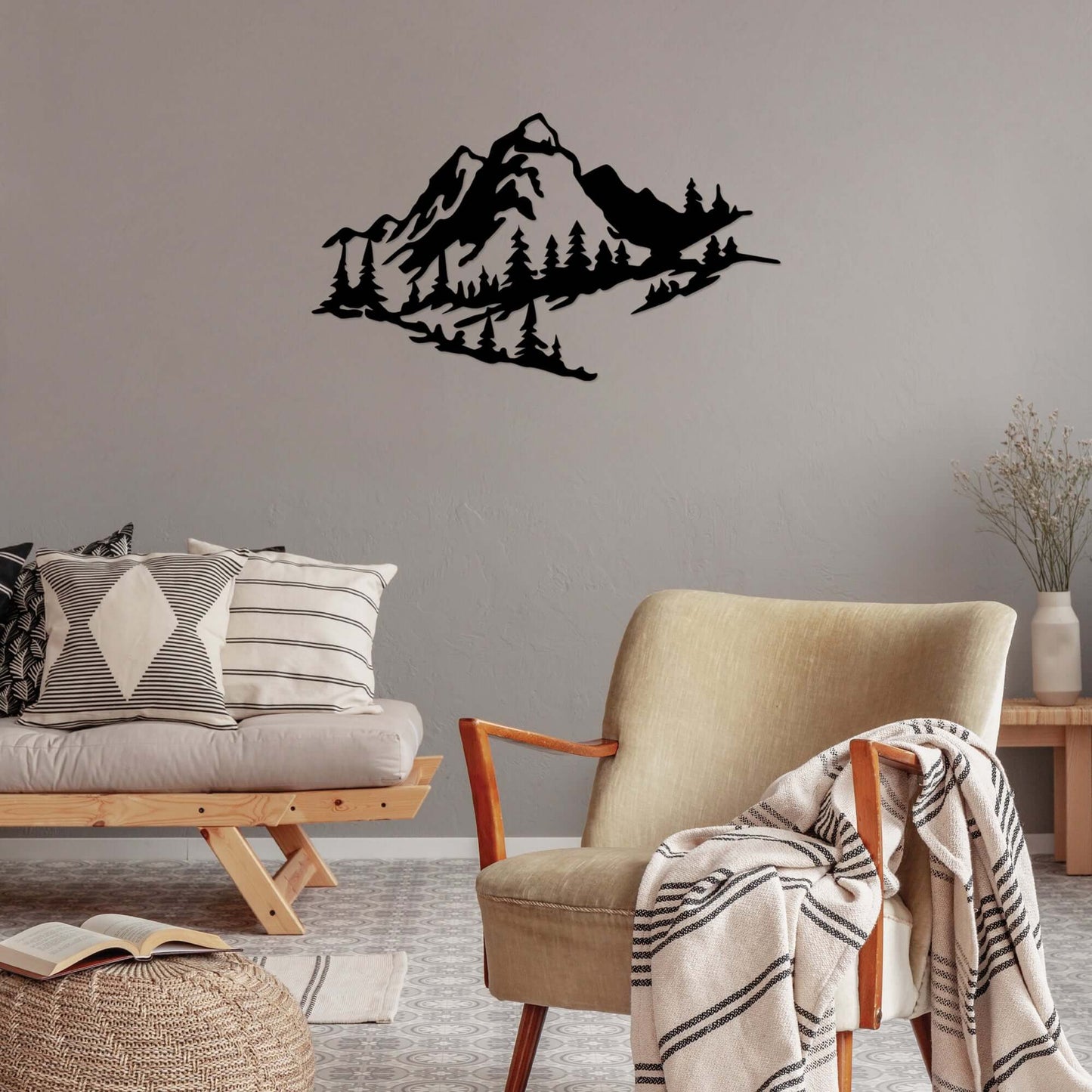 Metal mountain wall decor for a serene home ambiance - ideal for living room, bedroom, or dining area.