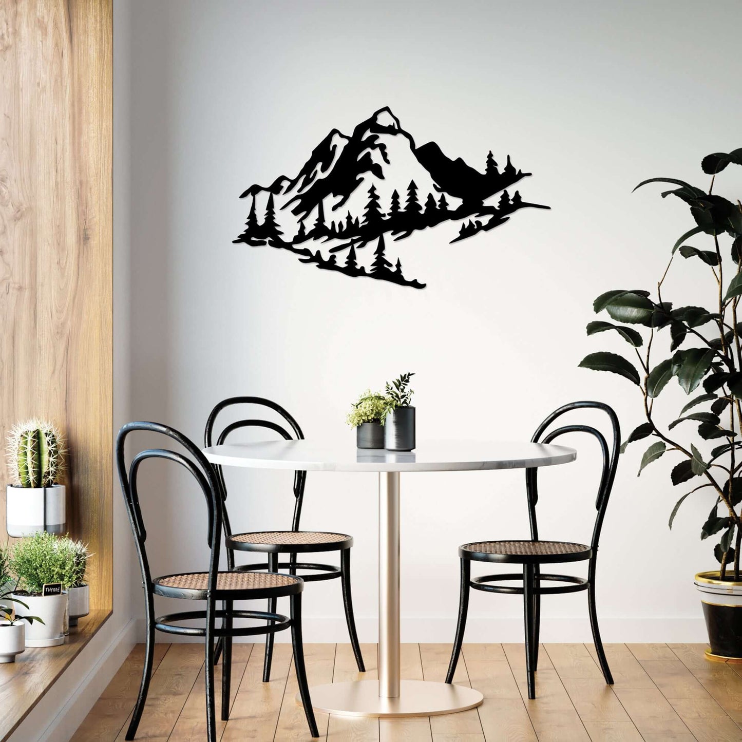 Metal mountain wall decor with serene nature vibes for living room, bedroom, or dining area.