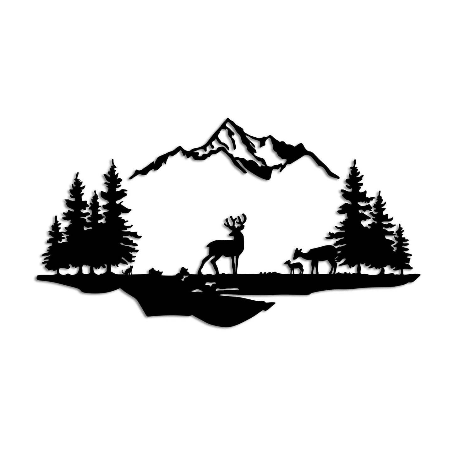 Metal wall decor featuring serene mountain wilderness silhouette with deer and evergreen trees.