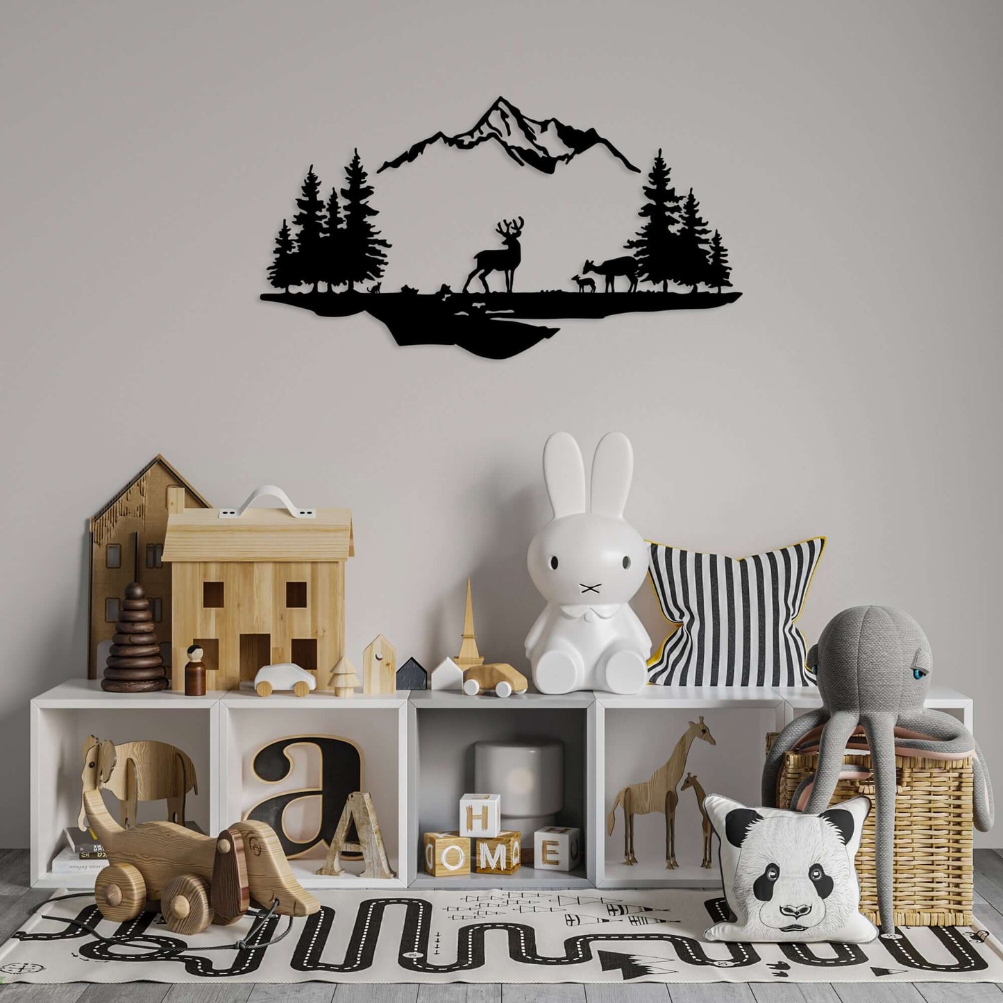 Mountain wilderness metal wall decor with deer and evergreen silhouette design.