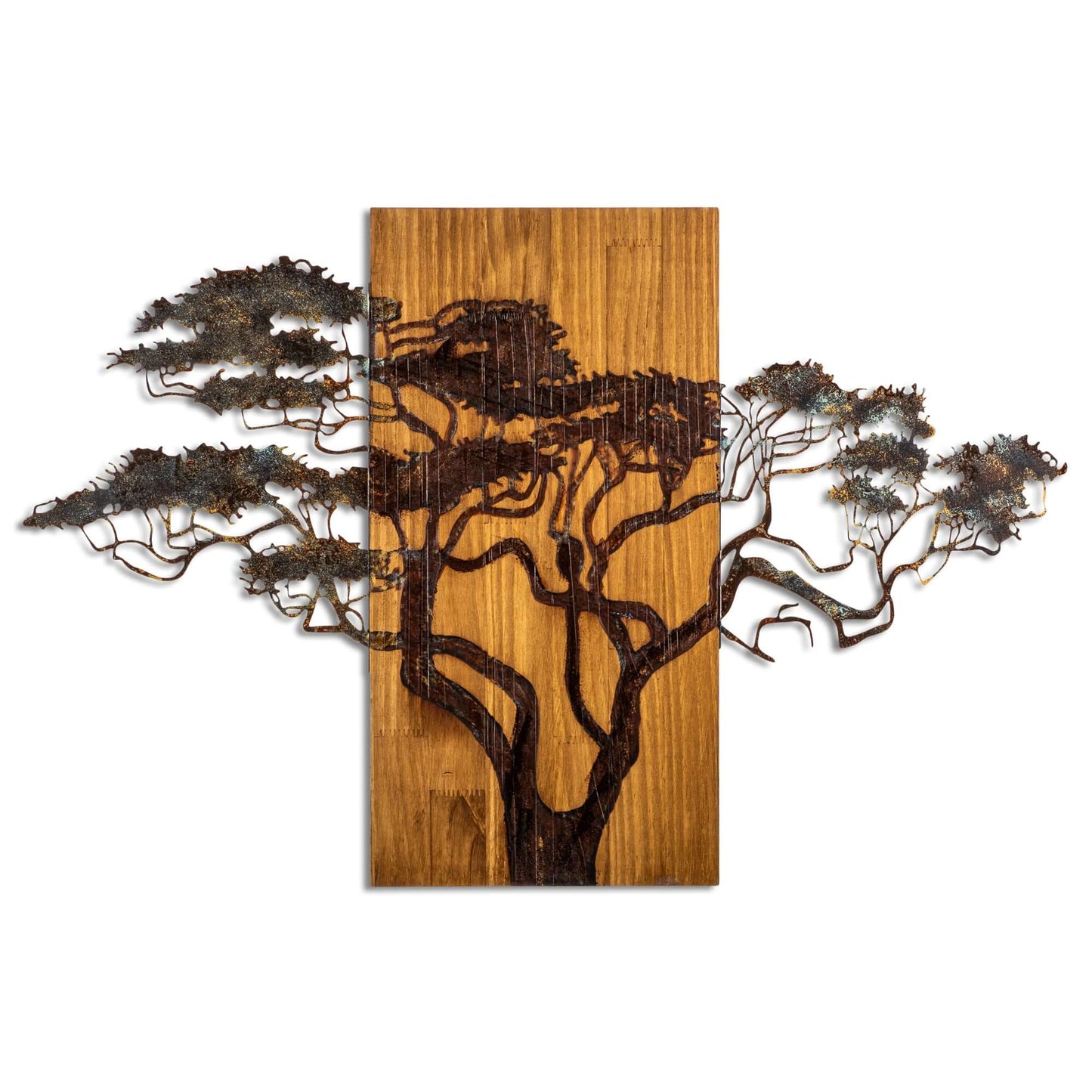 Nature's Unity Wall Art with carved tree on warm wooden background.