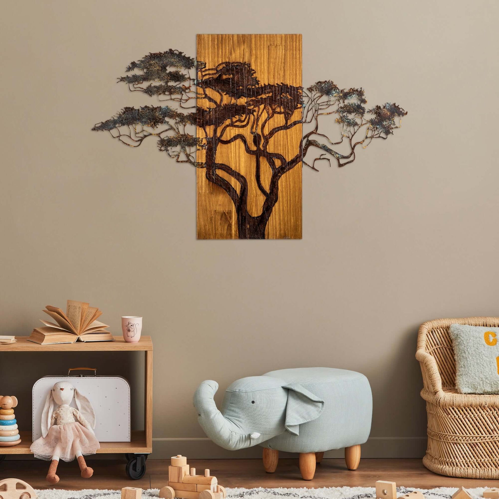 "Carved tree wall art on warm wooden background for serene home decor"