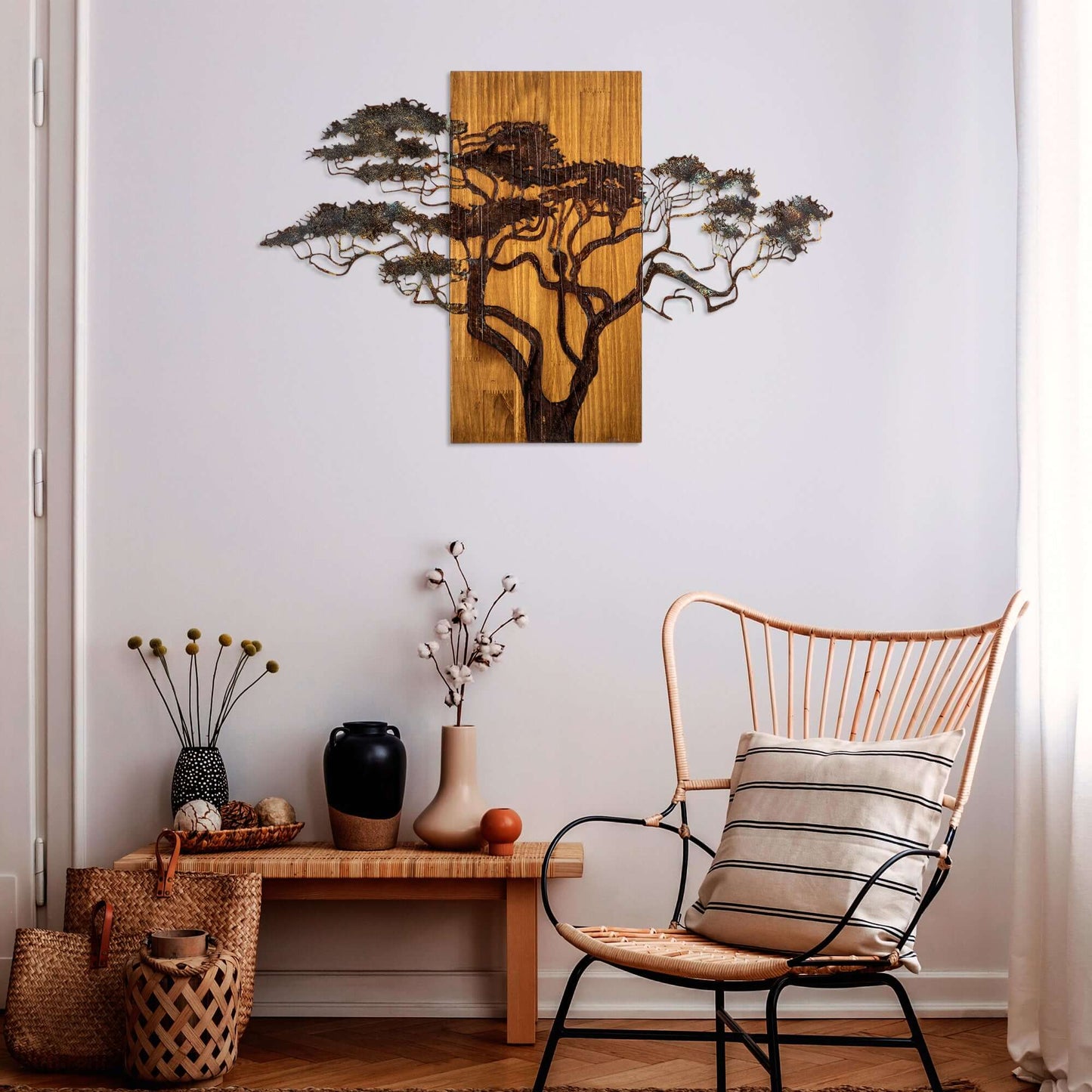 Nature's Unity Wall Art - Carved tree on warm wooden background.