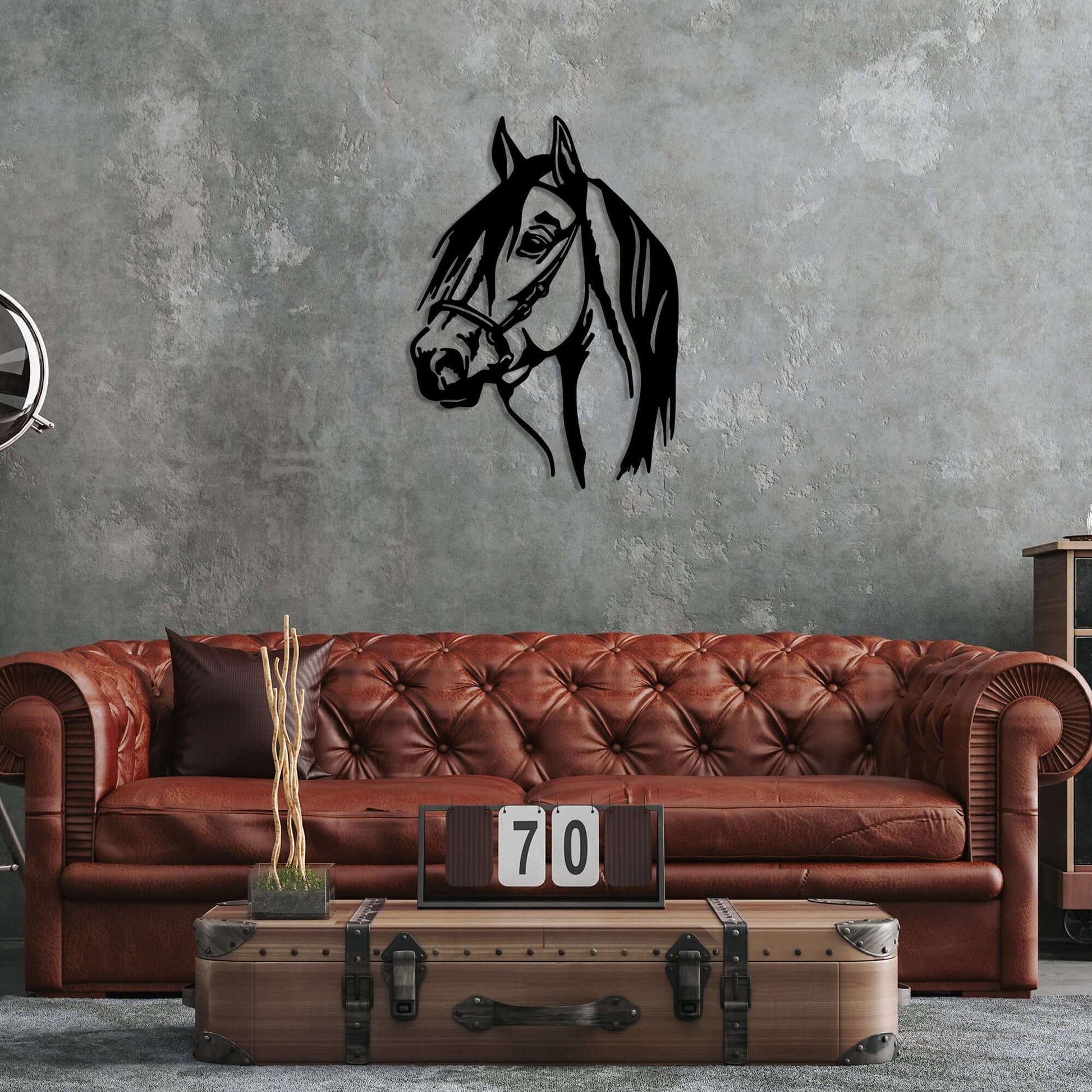 Metal wall decor featuring elegant horse silhouette for living rooms, offices, or bedrooms.