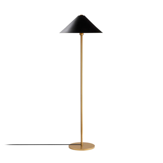 Noir Elegance Floor Lamp with black shade and gold frame, minimalist design.