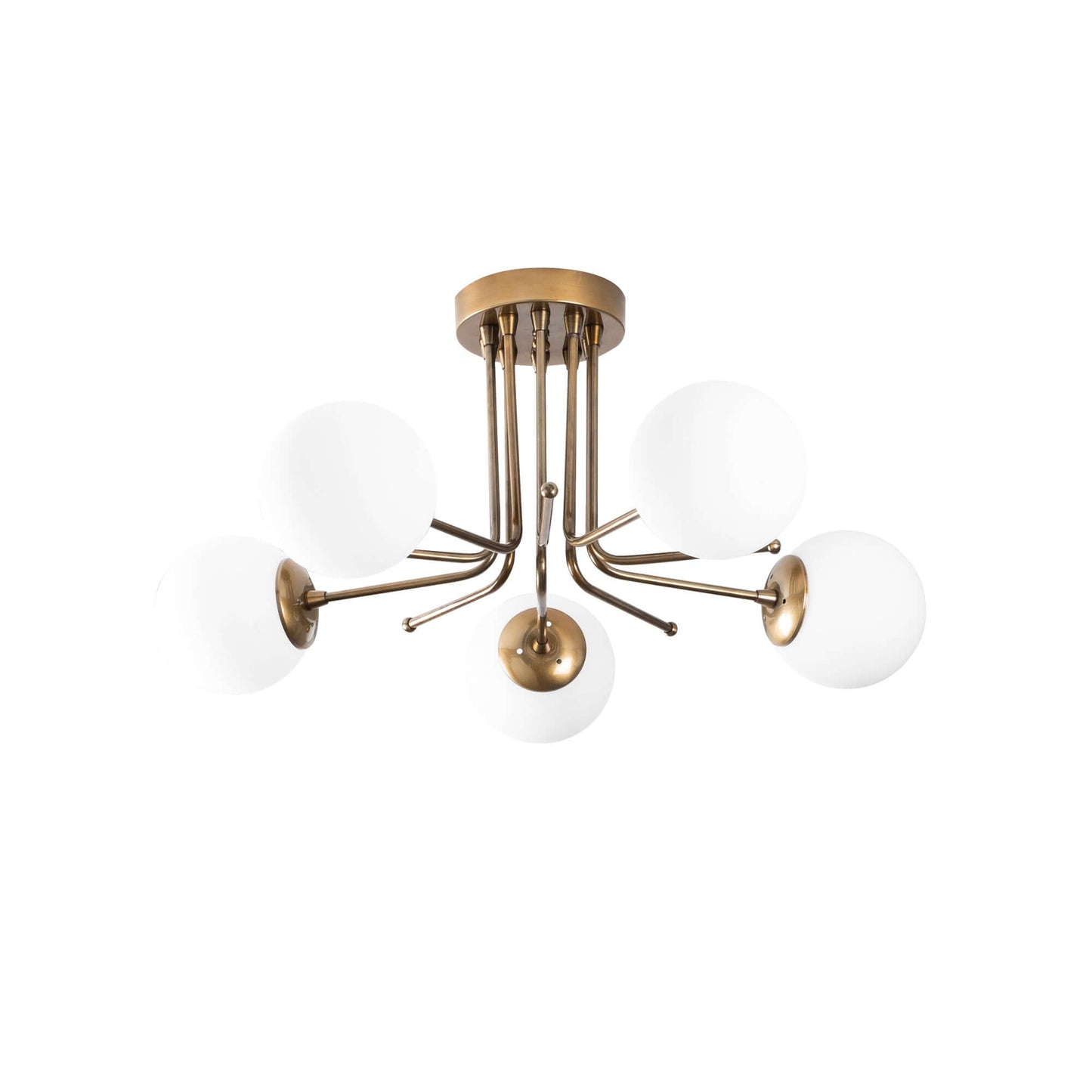 Orbital Brass Quint Chandelier with Gold Finish and Spherical Lights