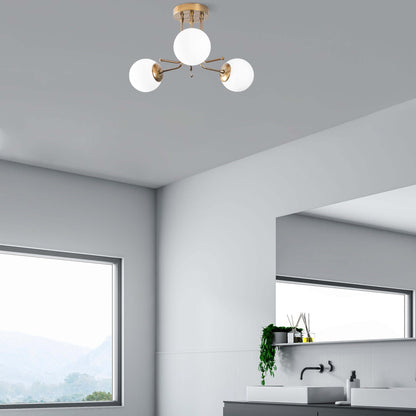 Orbital Brass Trio Chandelier with Three Sleek Globes for Modern Spaces