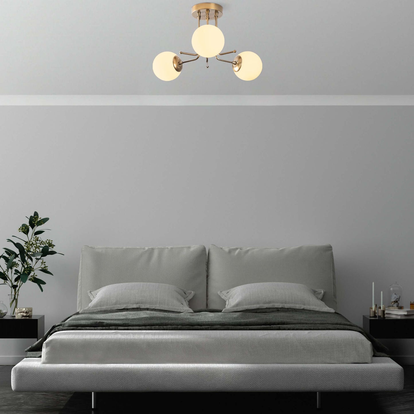 Orbital Brass Trio Chandelier with Three Sleek Globes