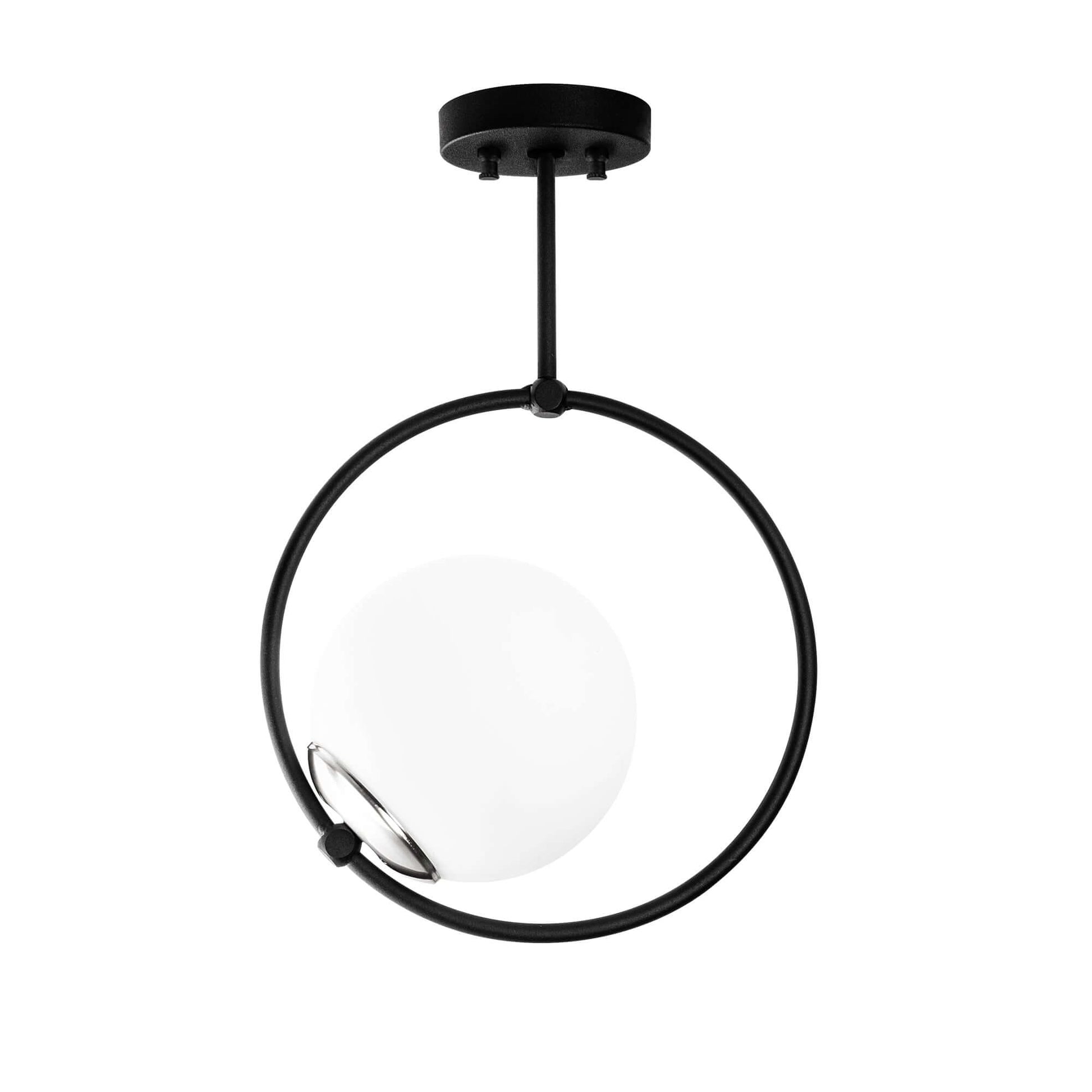 Orbital Glow Ceiling Light with black ring and frosted globe for modern decor.