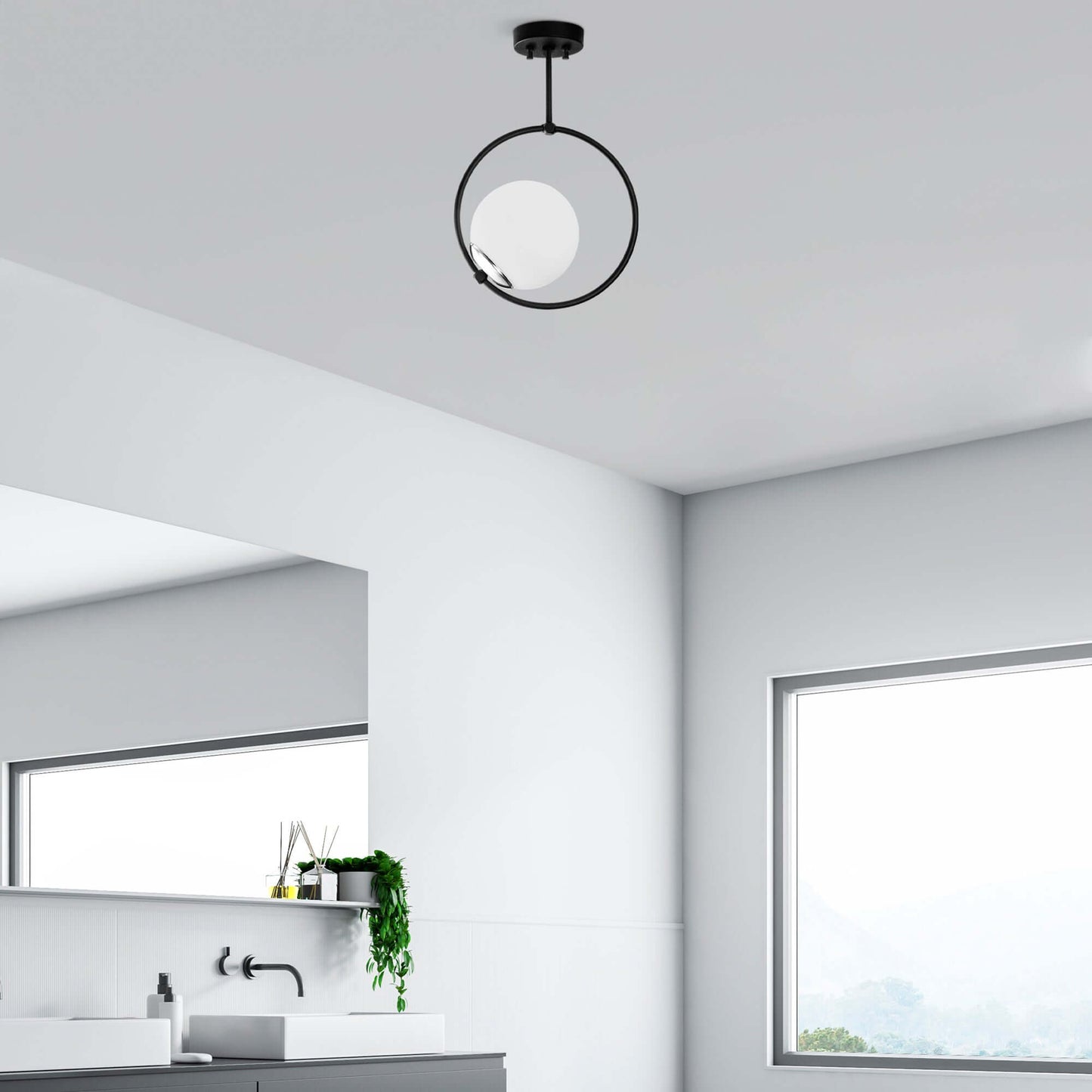 Orbital Glow Ceiling Light with black ring and frosted globe, modern design.