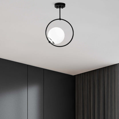 Orbital Glow Ceiling Light with black ring and frosted globe for modern style.