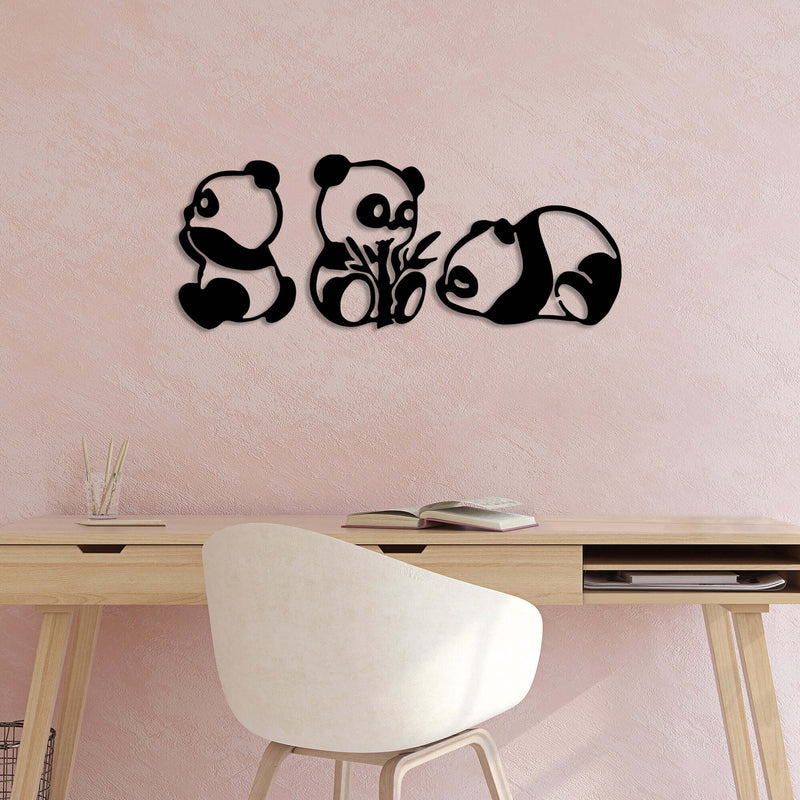 Panda silhouettes metal wall art for kids' rooms.