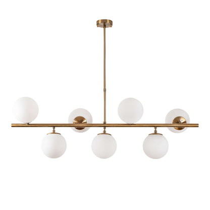 Modern golden chandelier with six frosted globes suspended on sleek bar - Pearl Cascade Gold.