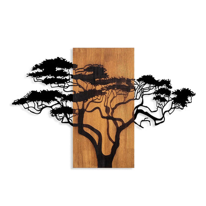 Savannah Sunset Silhouette metal tree wall decor on rustic wood.