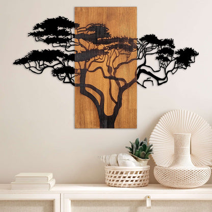 Savannah Sunset Silhouette metal tree wall decor on rustic wood.