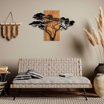 Savannah sunset silhouette metal tree wall decor on rustic wood.