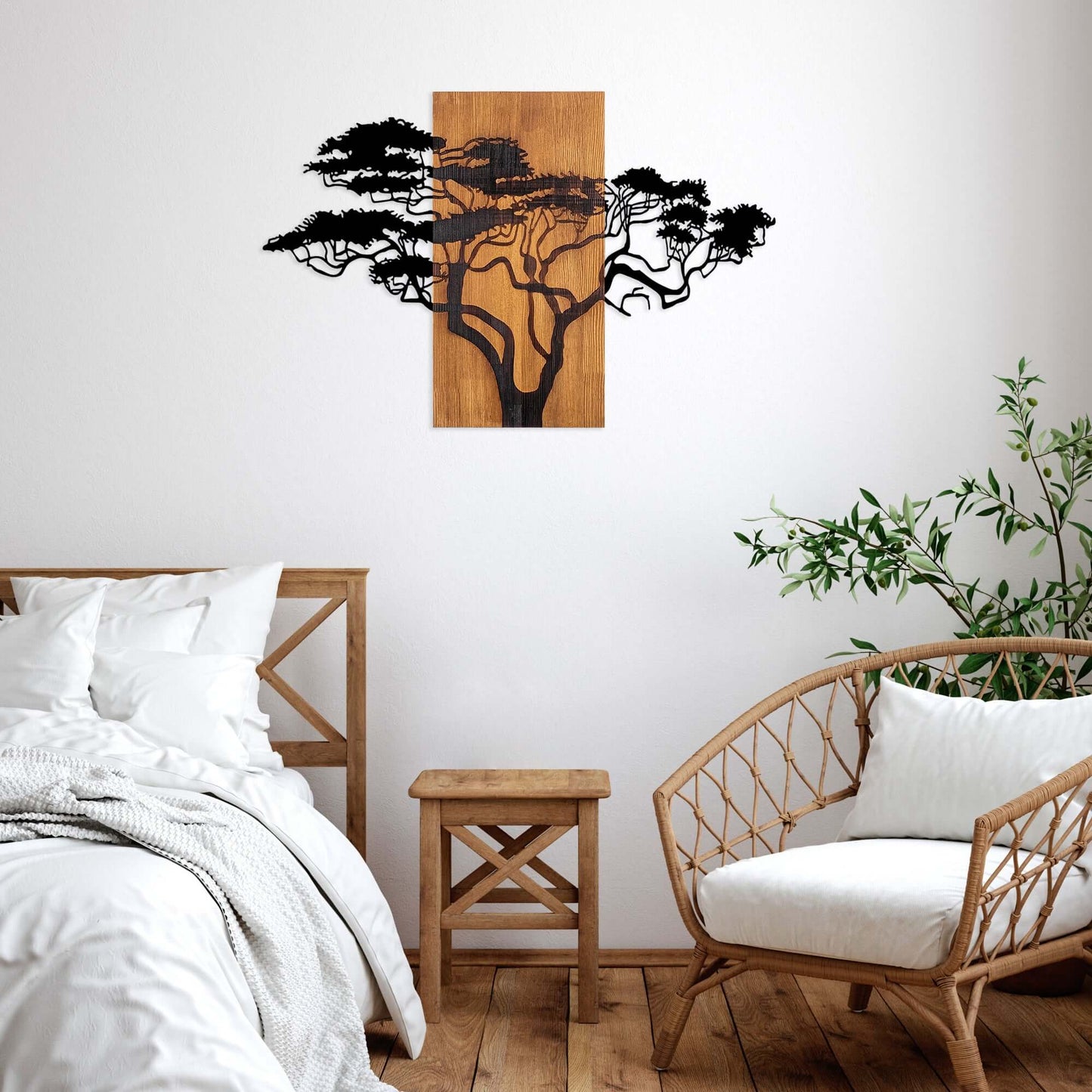 Savannah Sunset Silhouette metal tree wall decor on rustic wood background.