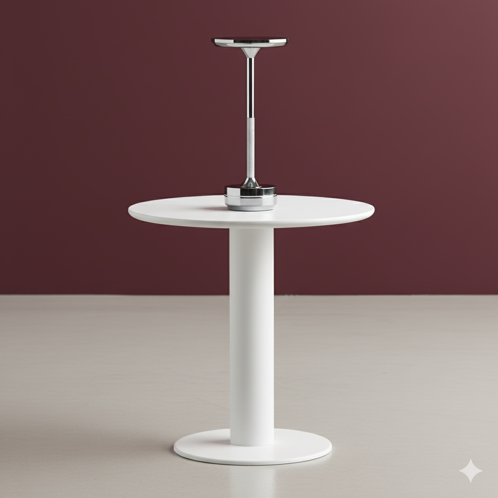 White round table with a central light fixture against a maroon wall.